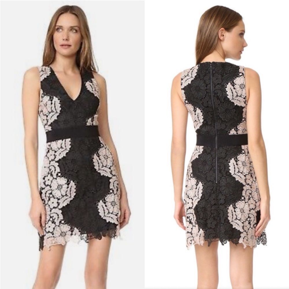 Alice + Olivia Black And White Sleeveless V-Neck Lace Mini Dress, Us2